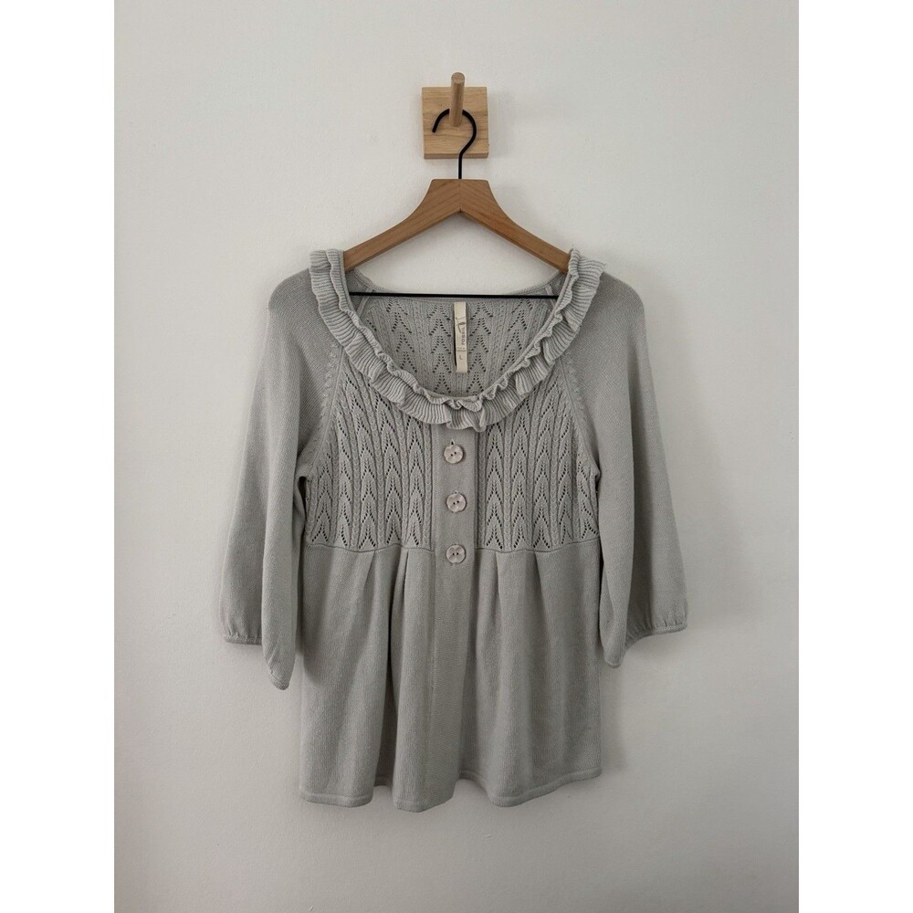 Fossil Y2K Grey Pointelle Knit Ruffle Cardigan Sweater Coquette L Feminine